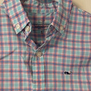 Vineyard Vines Boys Performance Blue and Pink Plaid Shirt